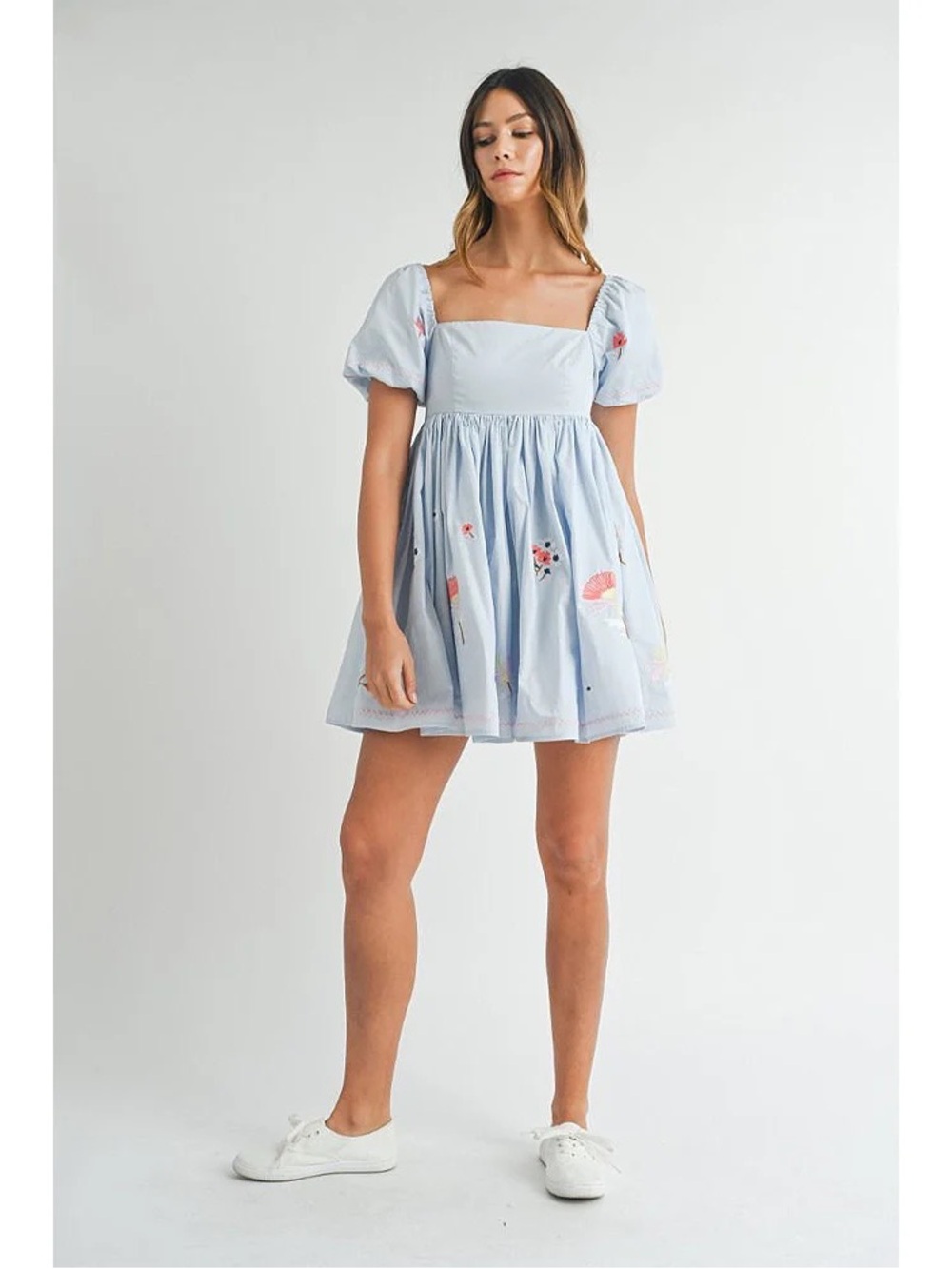 Amable by Mable Light Blue Embroidered Floral Babydoll Dress Sz Small - Picture 4 of 6